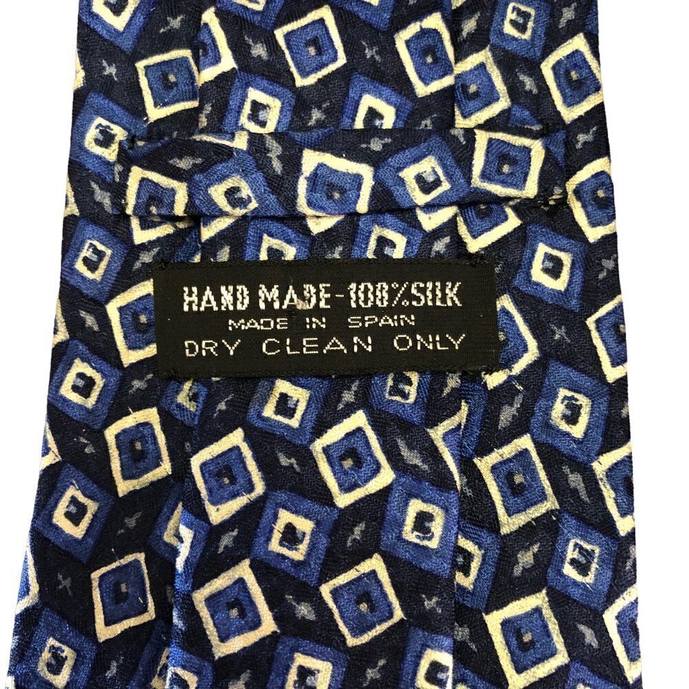 100% Silk Hand Made in Spain Necktie Tie Blue Black White EUC - Picture 3 of 4